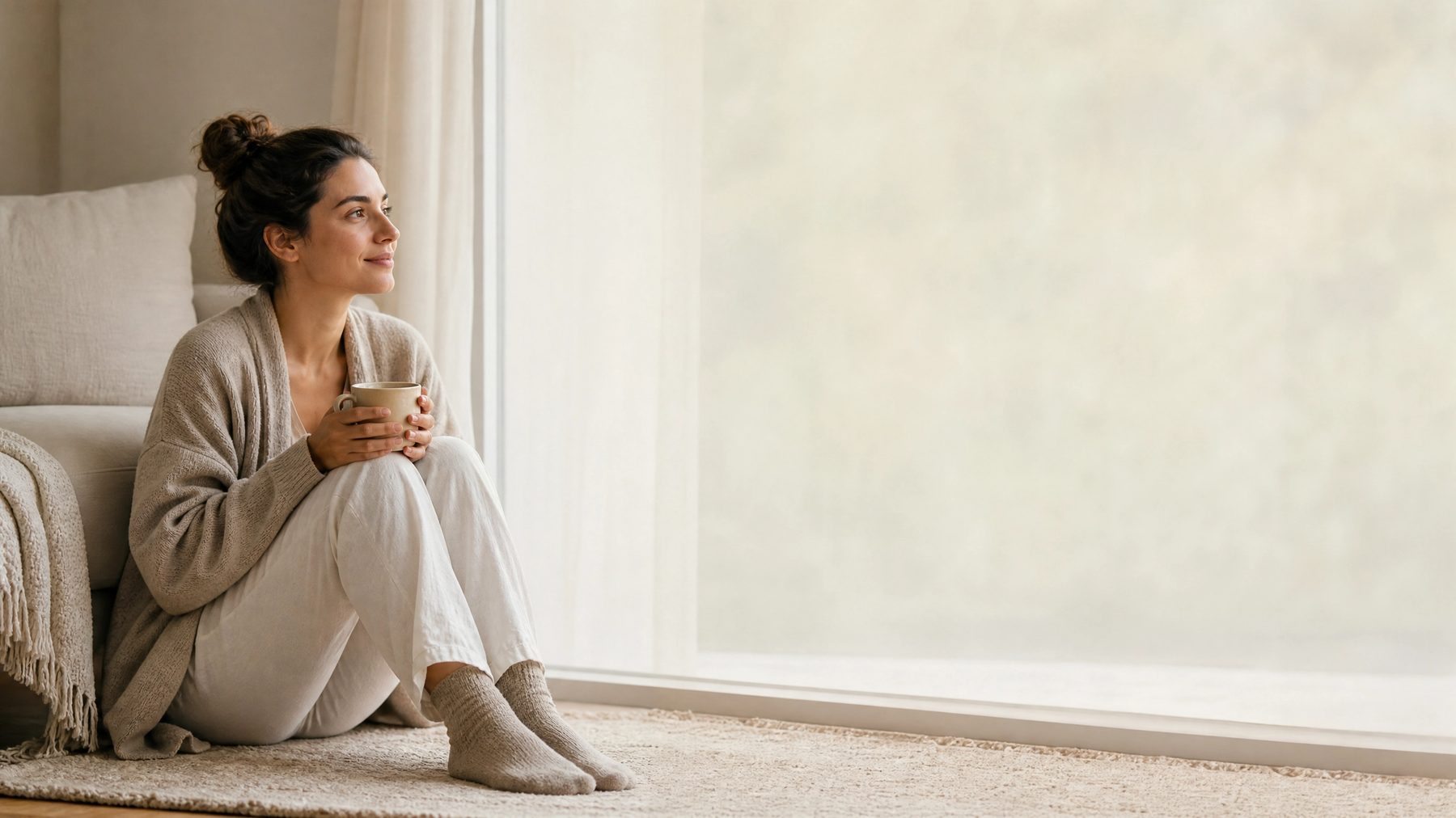 A woman pausing with a warm drink by a sunlit window