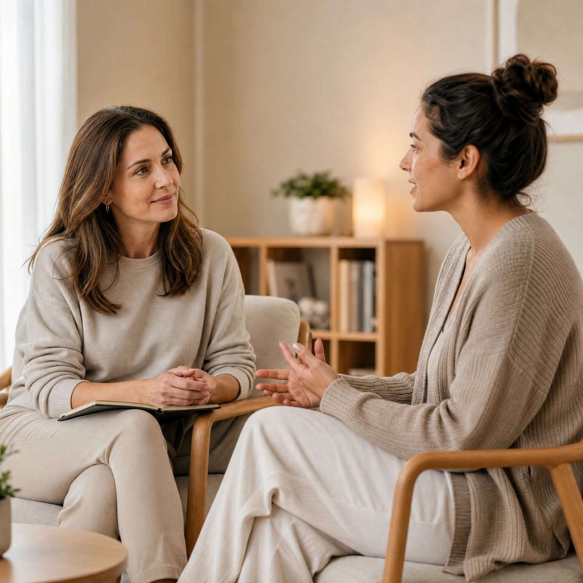 Two women in conversation during a supportive session